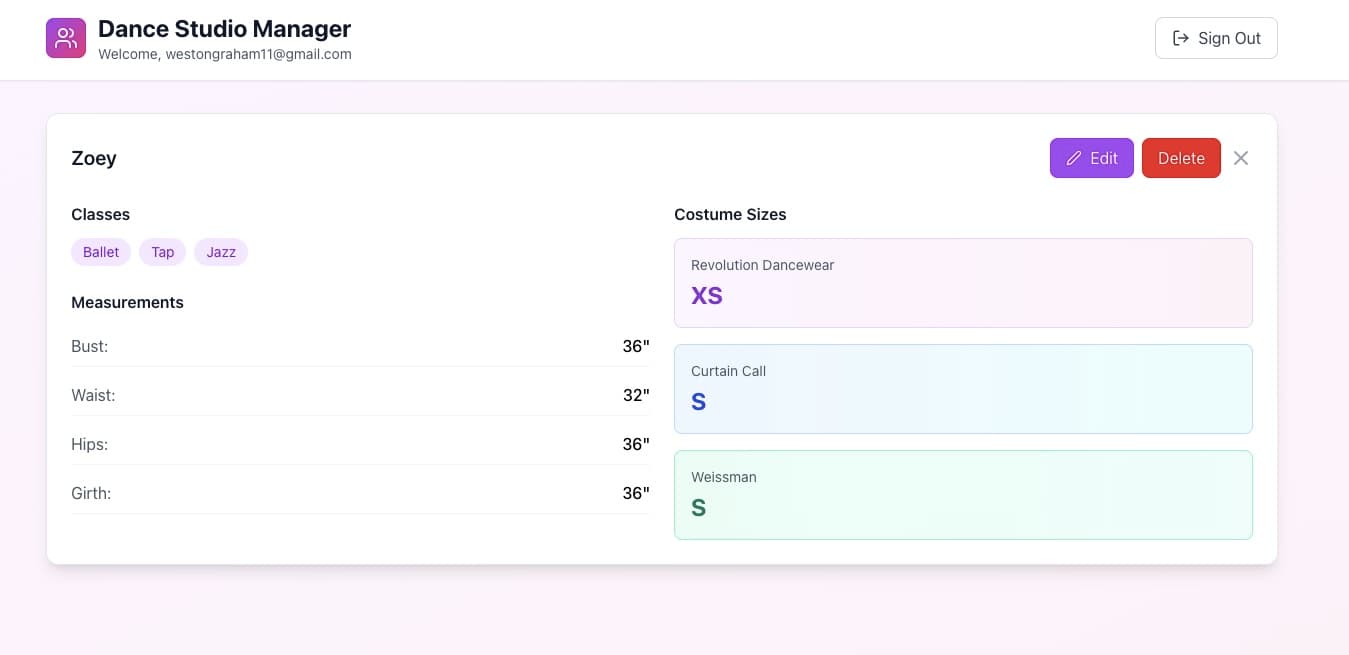 Dance Studio Costume Manager showing dancer measurements and vendor costume sizes